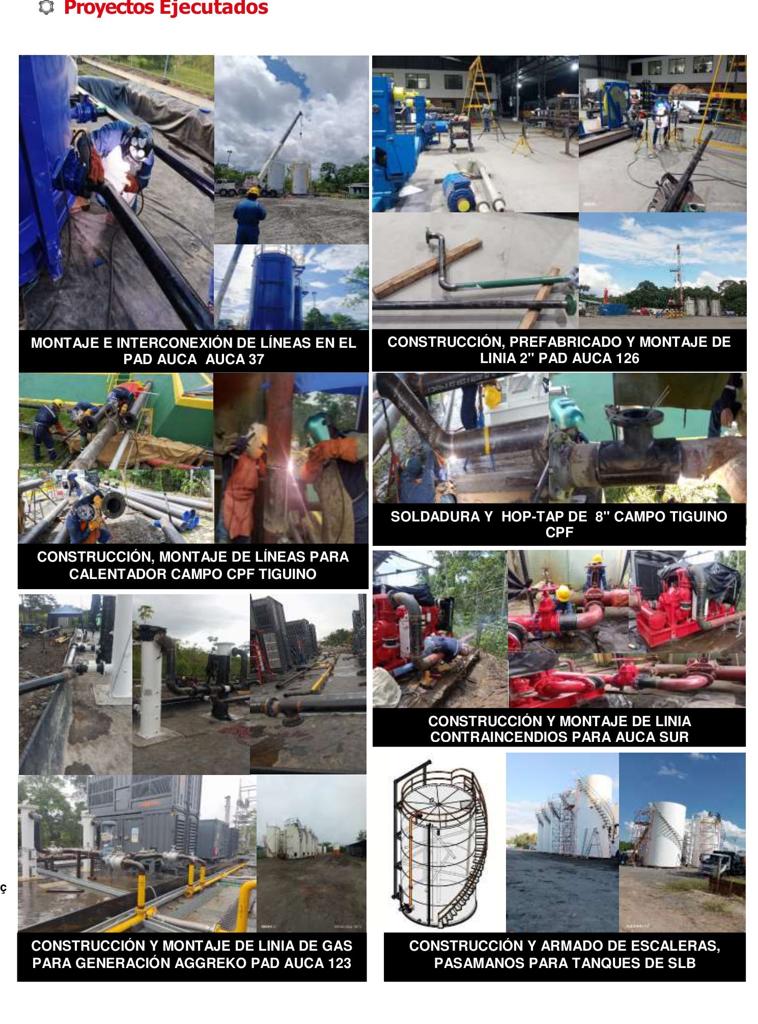 Collage de proyectos ejecutados por BARVILL en PAD Auca, CPF Tiguino, Auca Sur y tanques SLB